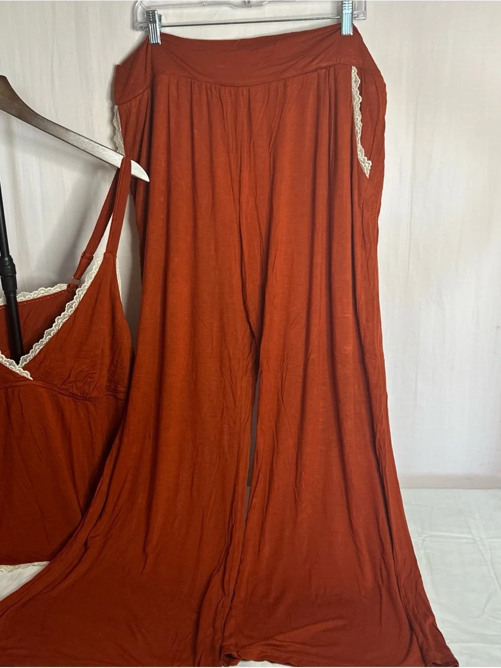 Adore Me Rust Camisole and Wide-Leg Pajama Set with Cream Lace